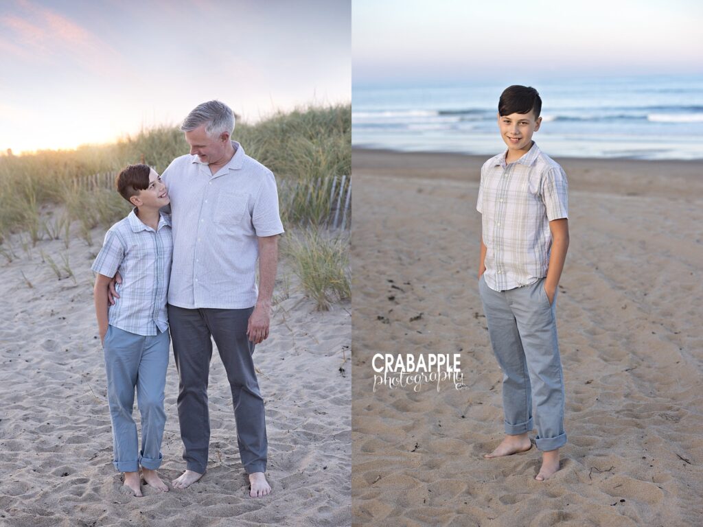 Candid father and preteen son family beach photos Father and son walking on Salisbury beach during natural light family photography session