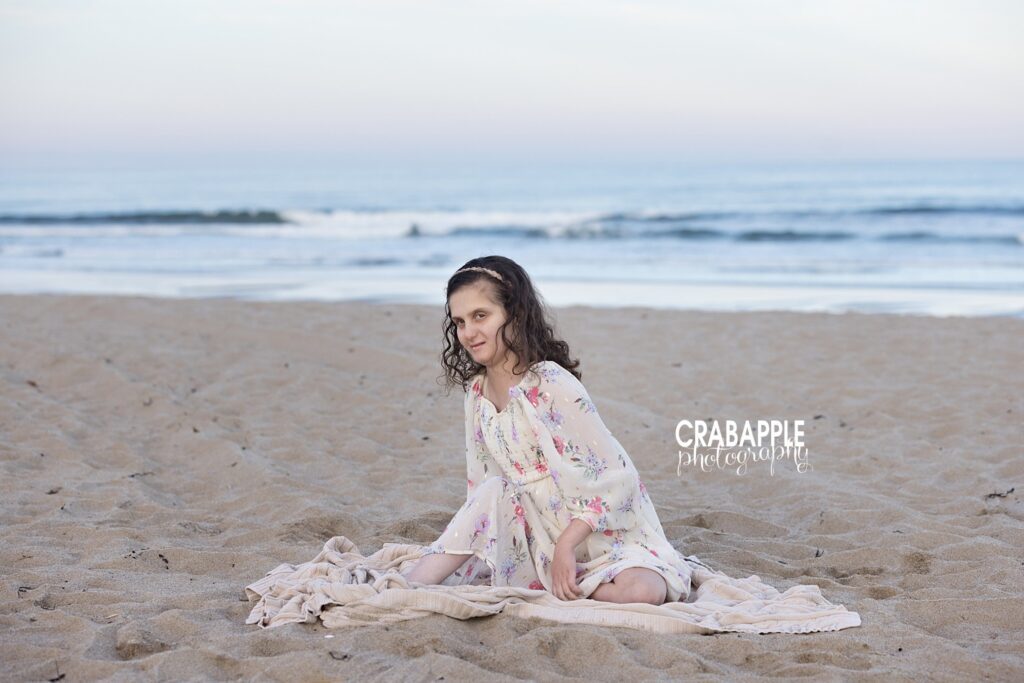 Oldest daughter’s solo photo at Salisbury Beach during family session Portrait of the oldest daughter during a relaxed Salisbury Beach family session
