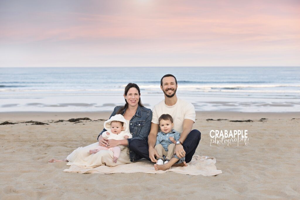 Cozy family beach photo on Salisbury Beach with Boxford MA parents and kids