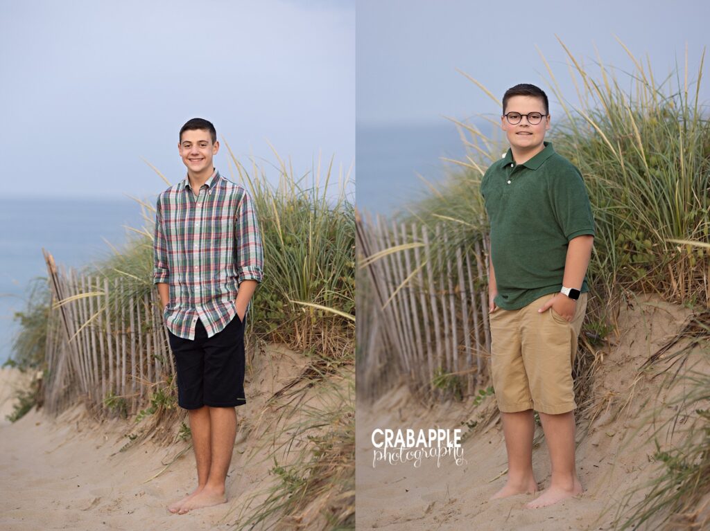 Solo portraits of teen and preteen sons during family beach photos Salisbury Beach MA