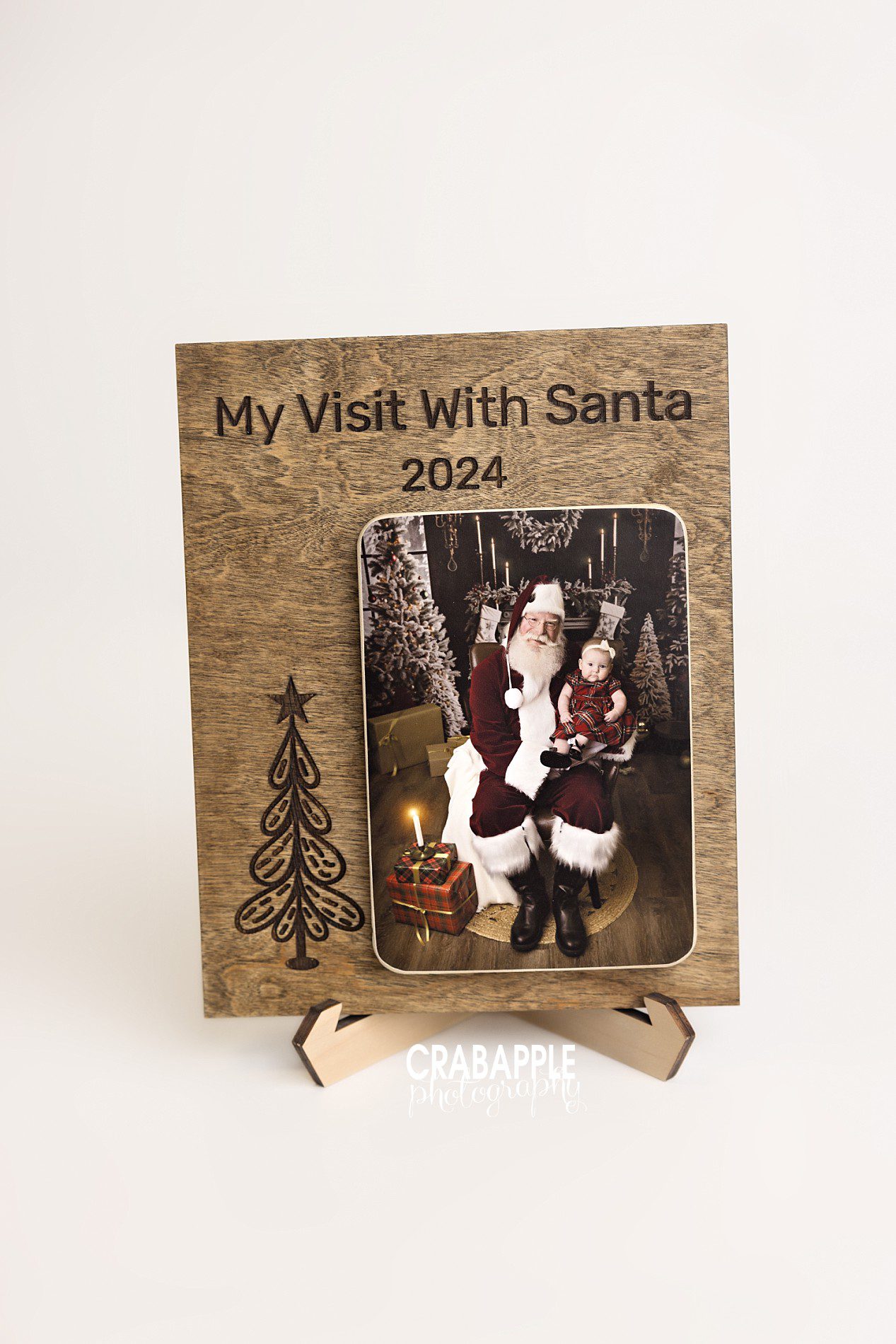 A portrait layout design for a fully customized wooden keepsake including your favorite holiday photo and the year