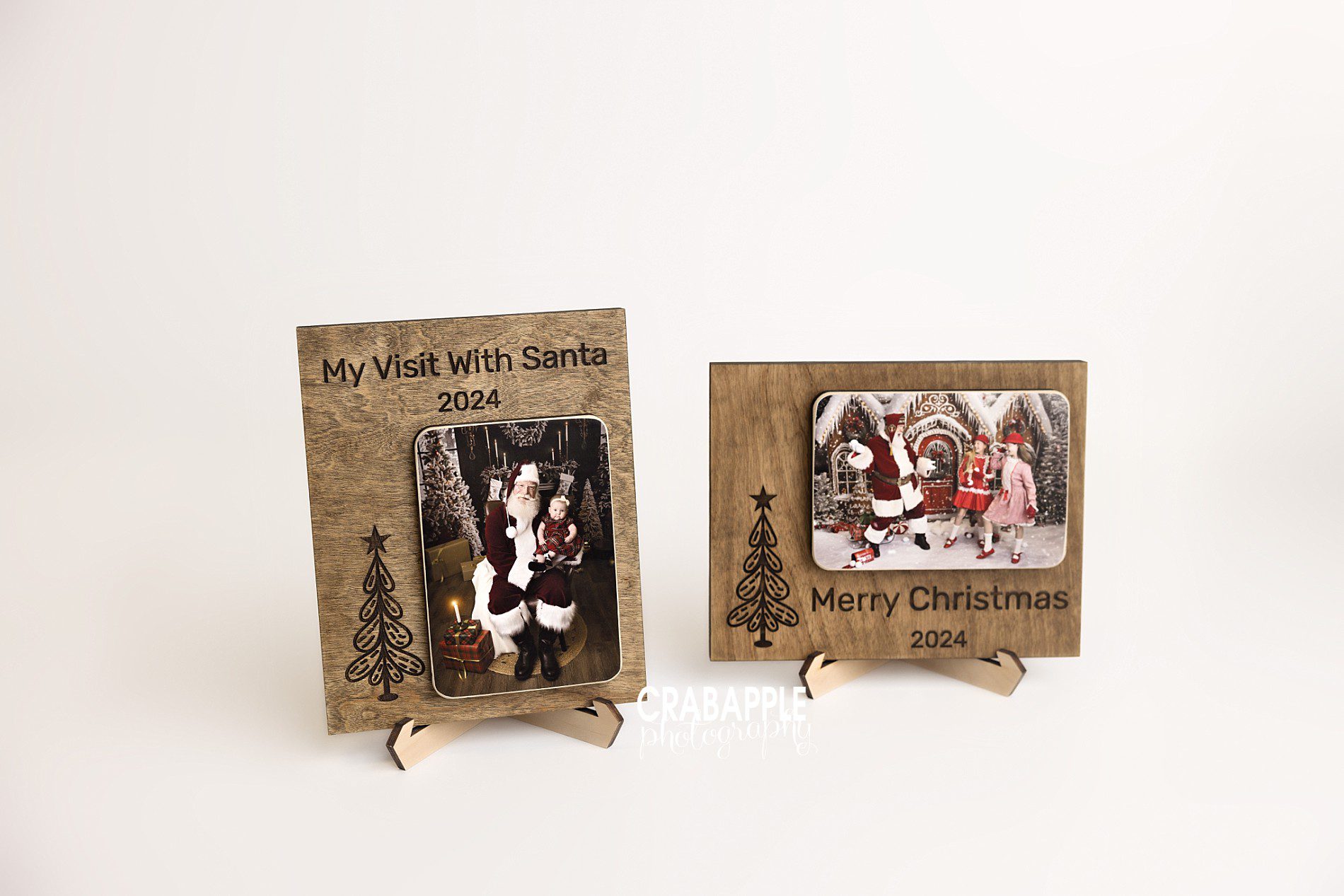 Two different styles of custom wooden framed portraits fully customized for the holidays