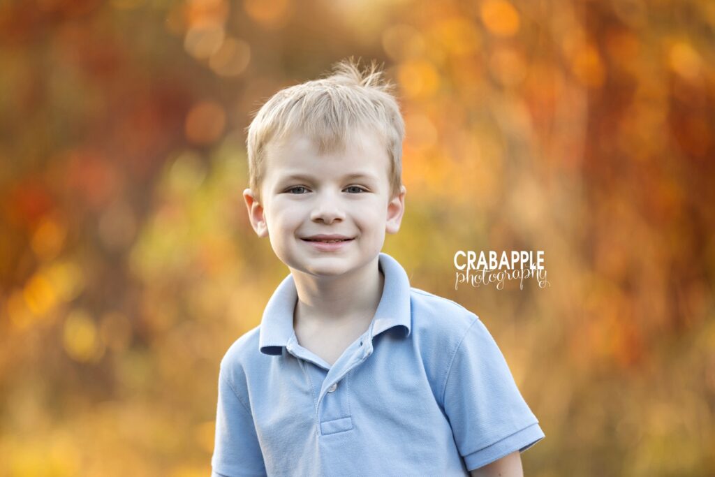 Needham MA child portrait photographer, solo photo of a 5 year old boy during his fall family portrait session