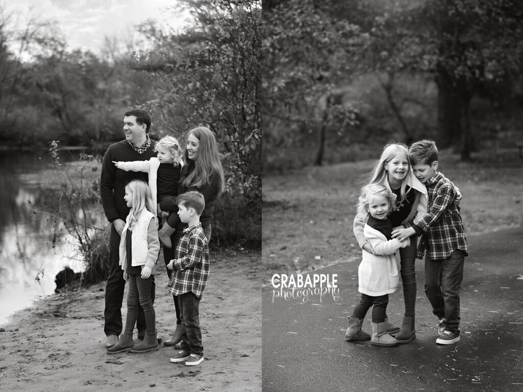 Side by side black and white family portraits including three siblings outside during the fall 