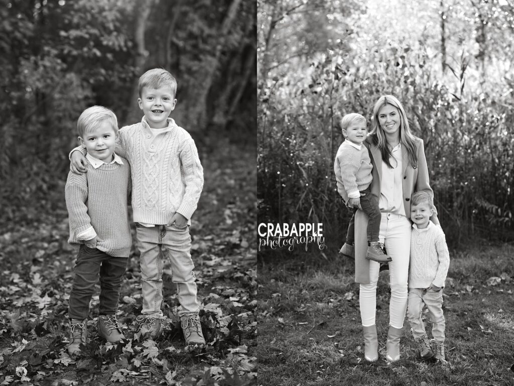 Collage of black and white portraits featuring two brothers together and mother with her two young sons
