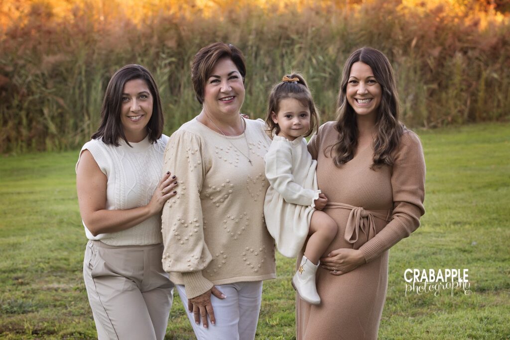 Extended family portraits in North Shore Massachusetts fall foliage.