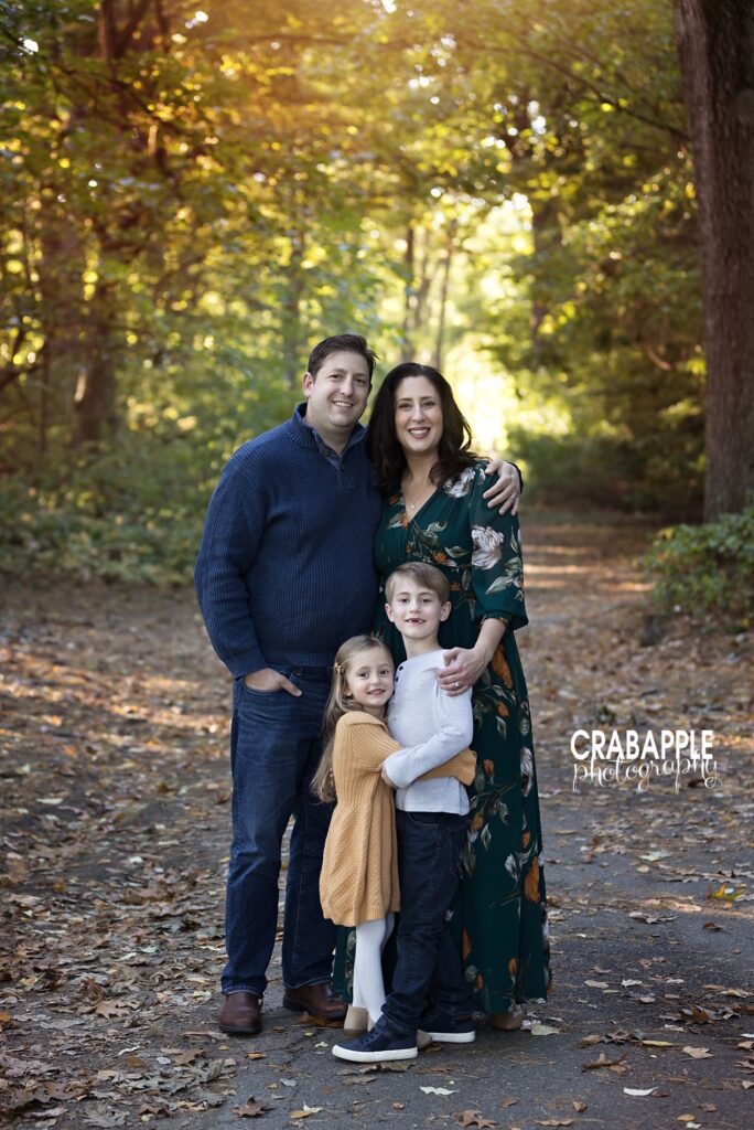 Using shades of emerald and gold for fall family portraits