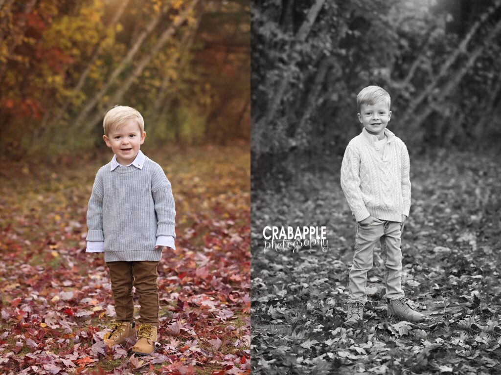 Outdoor fall child portrait in Lynnfield MA with toddler boy in cozy sweater surrounded by foliage