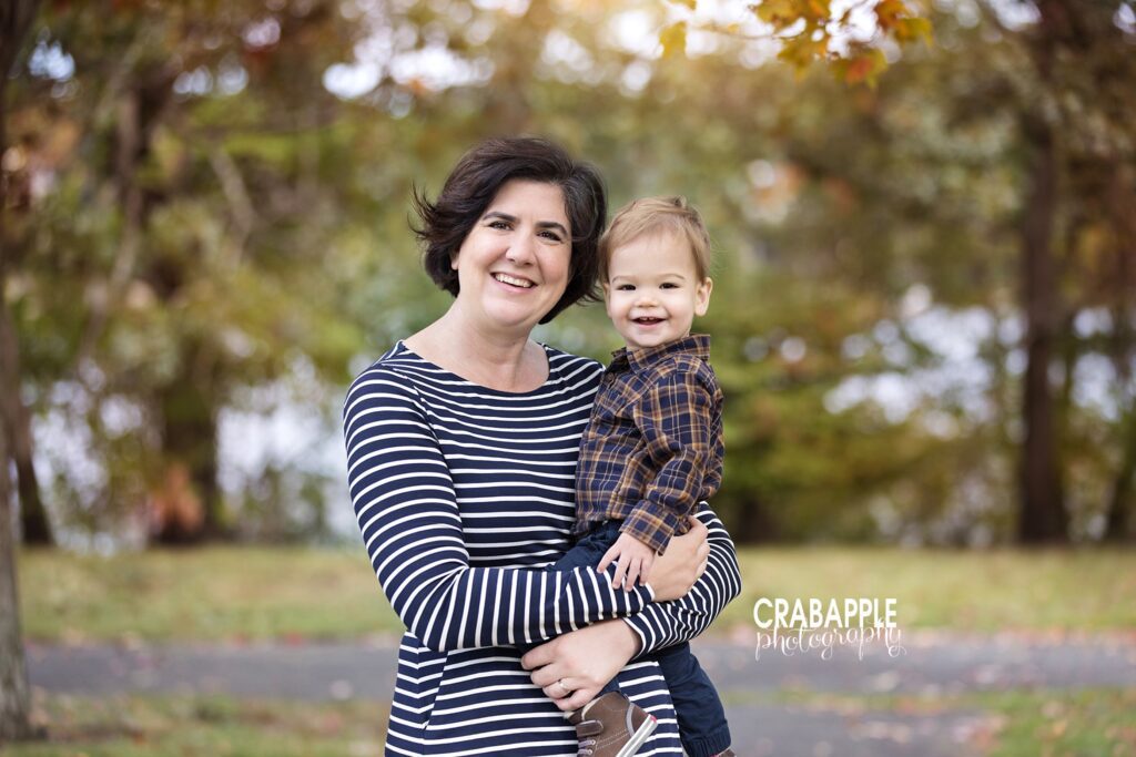 North Shore MA fall family photo of mother with son outdoors
