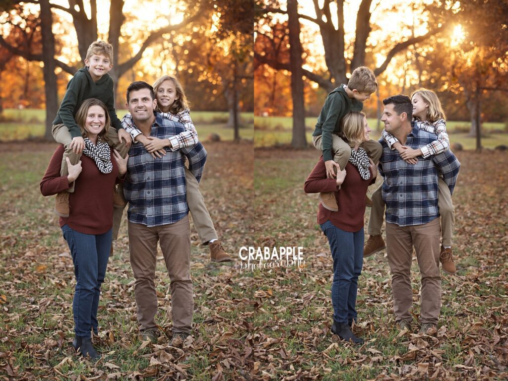 A mother and father hold their two sons on their shoulders during a family portrait session during sunset in the fall near Somerville MA