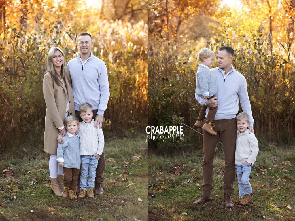 Collage of outdoor fall family portraits including full family smiling at camera and dad with his two sons
