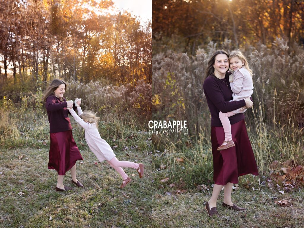 Mother daughter portraits in fall Fun and candid moments between a mother and daughter in their fall family photos