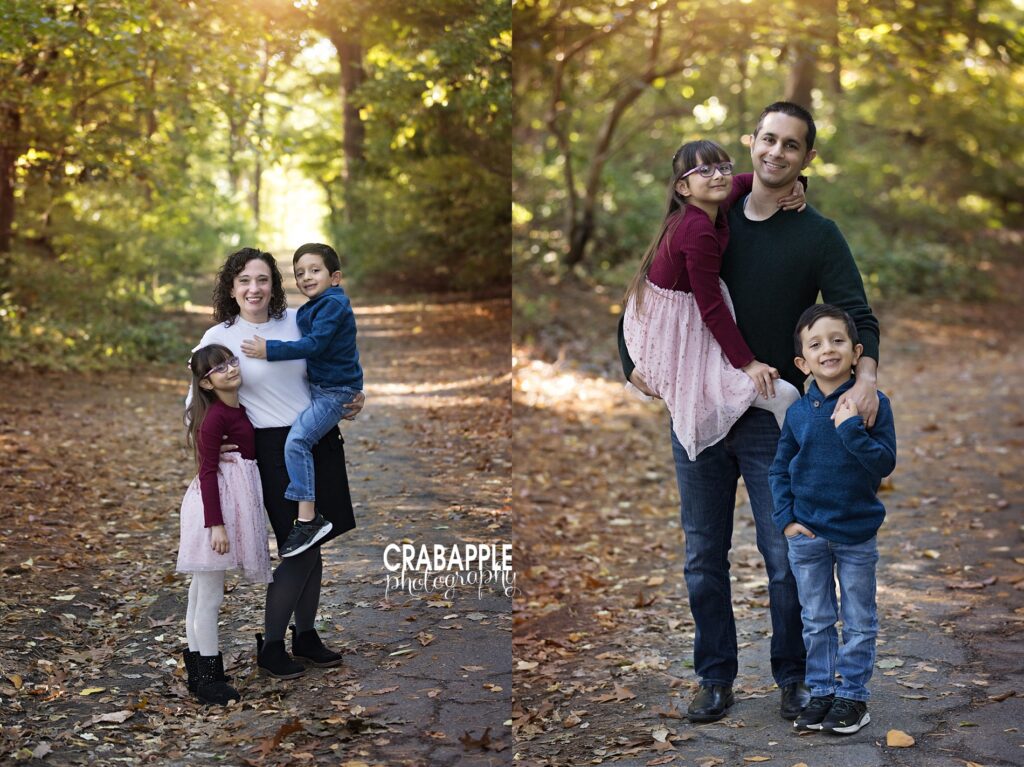 Side by side collage of family photos on a path surrounded by trees, one is mom holding son and posing with daughter, one is father holding daughter and posing with son