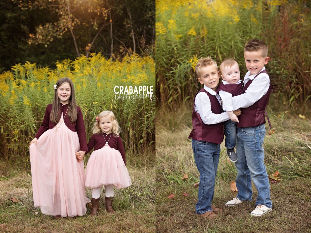 Sister portrait and brothers portrait during a family photo session outside during the fall