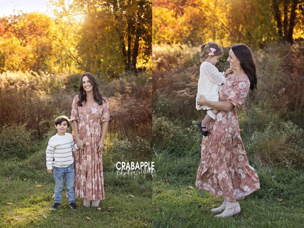 Side by side portraits of mom with each of her two children, on the left she holds hands with her son, on the right she holds her daughter for a sweet moment