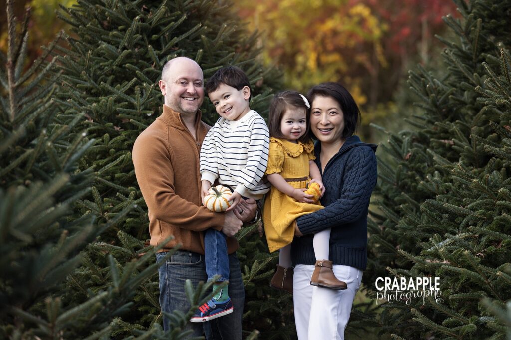 Mom and dad each hold a child during their tree farm mini session 