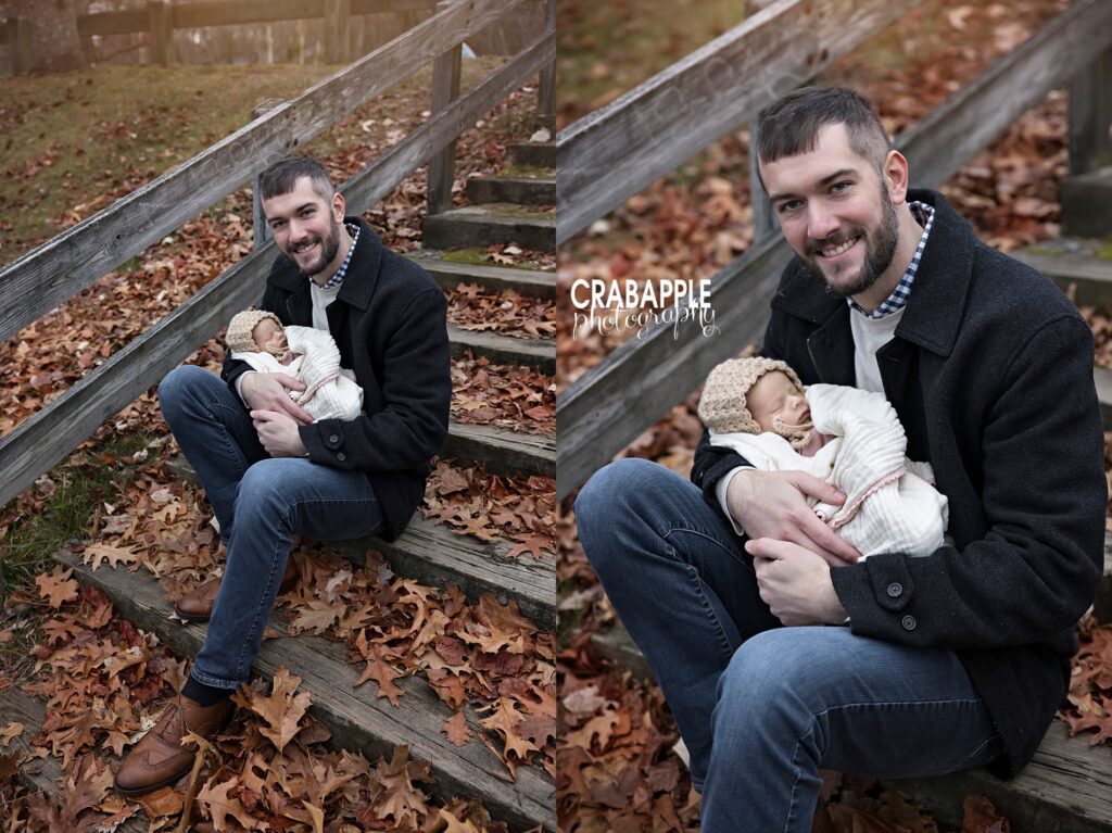 Dad sitting on wooden stairs holding baby girl in cream outfit during winter family session
