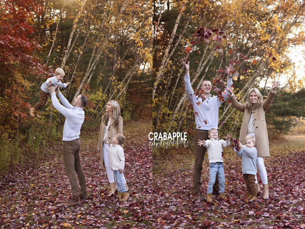 Parents laughing with kids among colorful leaves during fall family photos in Massachusetts
