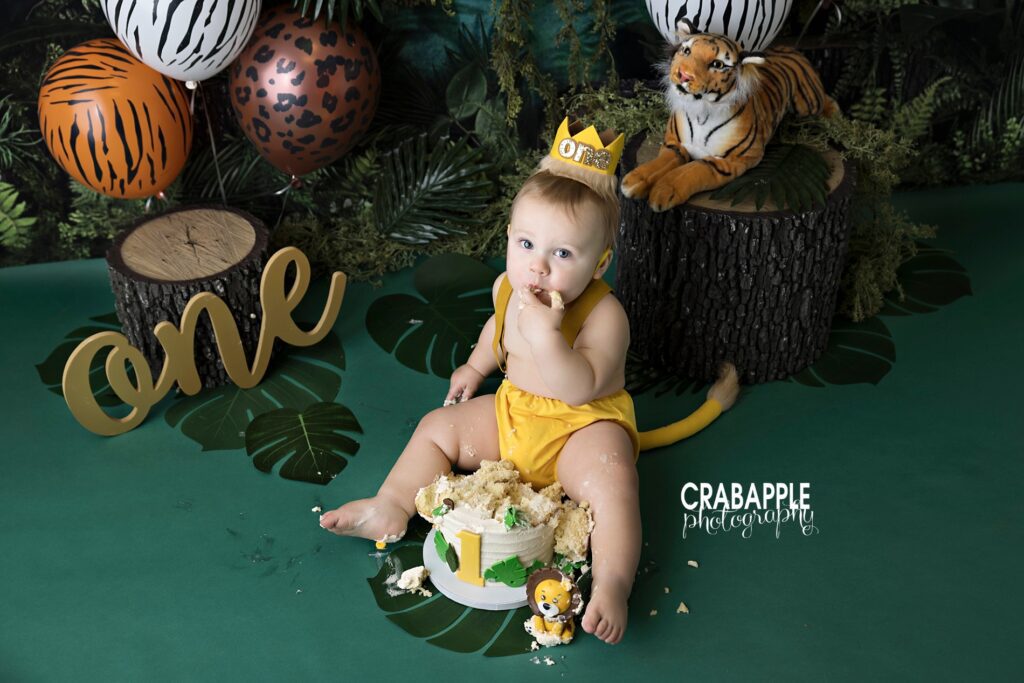 Lancaster MA First Birthday Photos Birthday boy in yellow lion outfit eating his cake during jungle themed session
