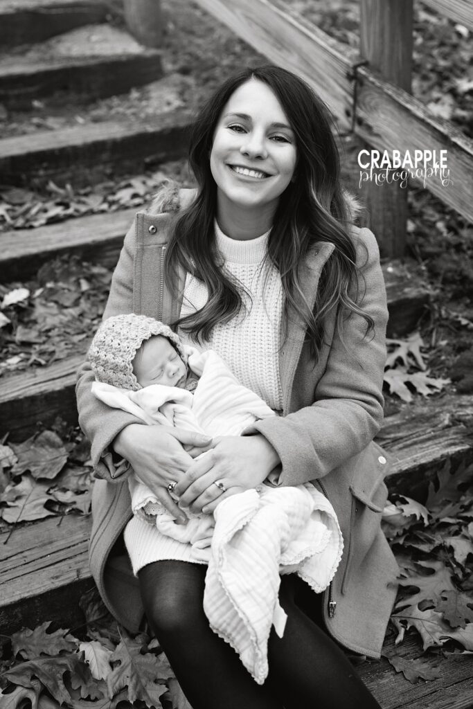 Close-up of mom and baby during outdoor December photo session
