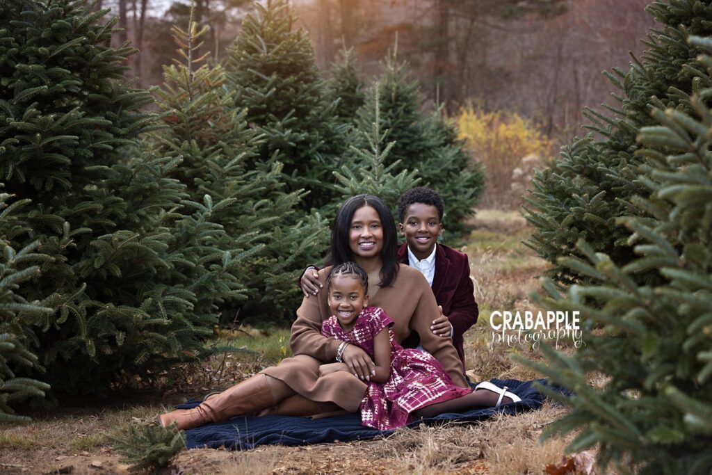 Mom sits on a blanket on the ground with her son and daughter during tree farm mini session