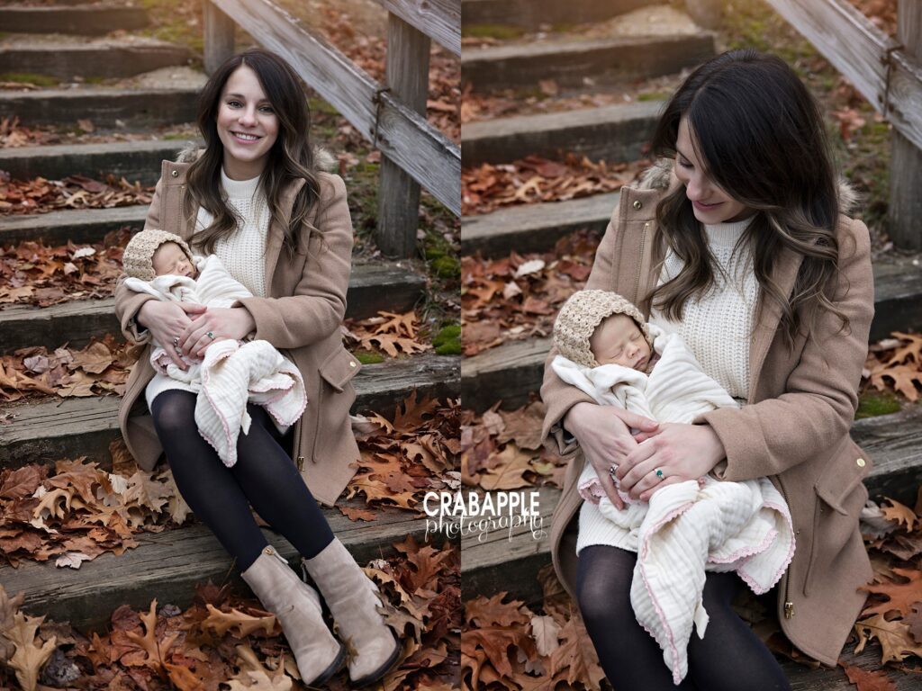 Side by side collage of mom holding newborn baby on rustic stairs surrounded by fall leaves during December family portraits