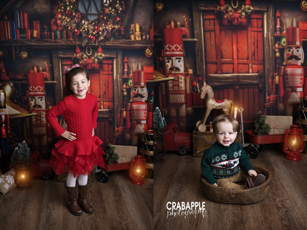 Side by side collage of two portraits of cousins in front of a Christmas photography studio set. On the left, 5 year old girl poses with hands on her hips in red sweater and skirt. On the right, 1 year old boy in green sweater sits propped up in a wooden bowl.