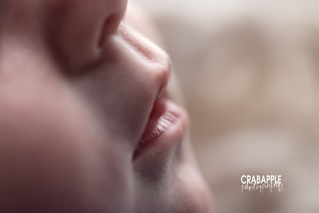 Macro photo of newborn baby’s lips | Studio newborn photography Andover
