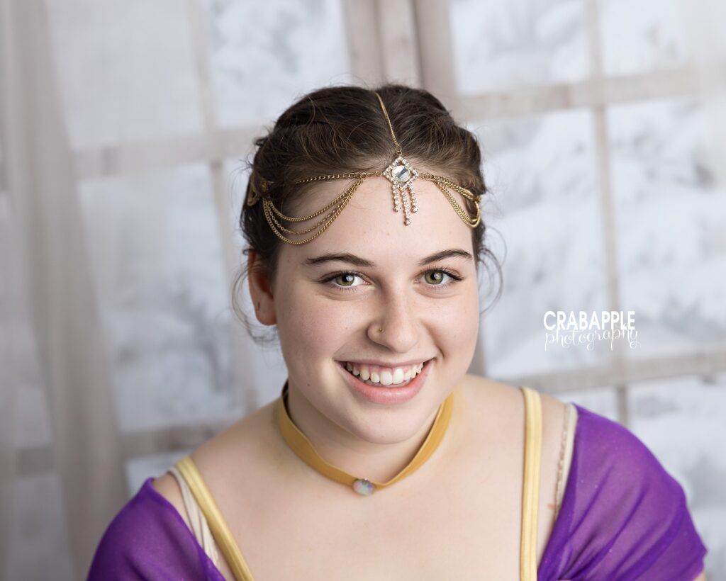 Close-up portrait showcasing holiday dance costume details
