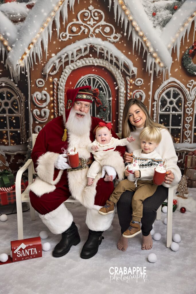 Mom, toddler, and infant pose happily with Santa Claus