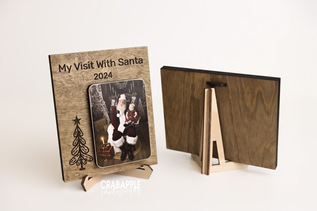 “My Visit with Santa” wooden frame mounted photo keepsake Portrait mounted photo on a wooden frame engraved with “My Visit with Santa,” a meaningful Santa photo keepsake and holiday portrait gift idea.