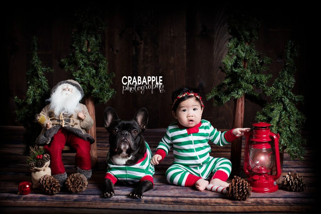 Child and family dog wearing matching striped Christmas pajamas during annual Christmas family photos.
