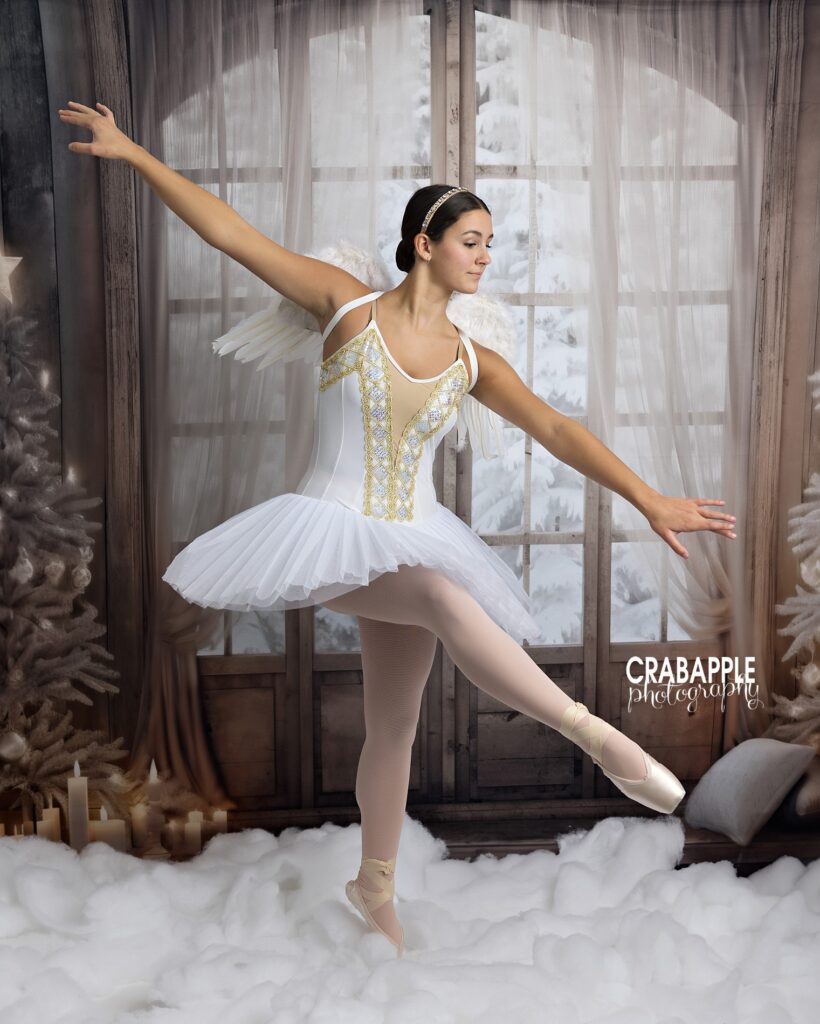 Teenage ballet dancer posing with wings on soft winter set