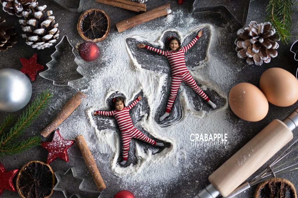 Siblings making snow angels in a creative holiday baking composite photo
