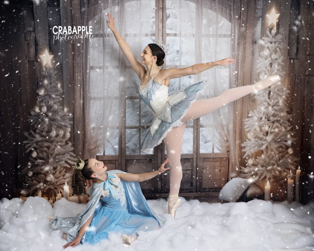 Ballet pose framed by faux winter window backdrop
