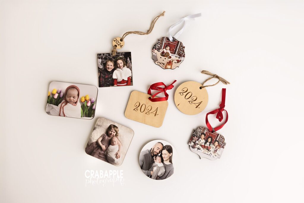 Engraved wooden ornaments showing front and back details Eight wooden ornaments showing both front images and engraved backs, perfect for Christmas photo ornaments and Santa photo gifts.
