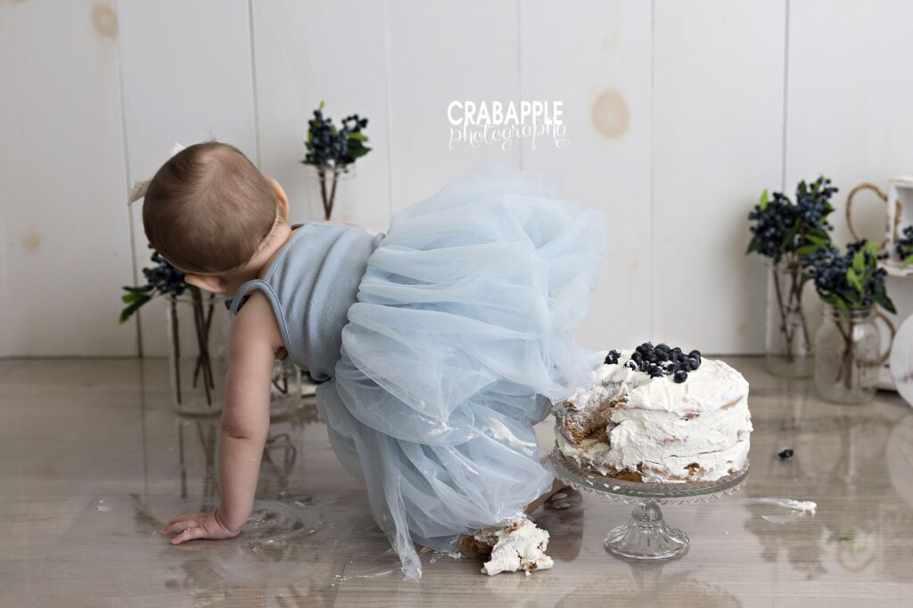 Cake smash baby pictures full of personality Baby pictures capturing baby crawling around blueberry cake smash