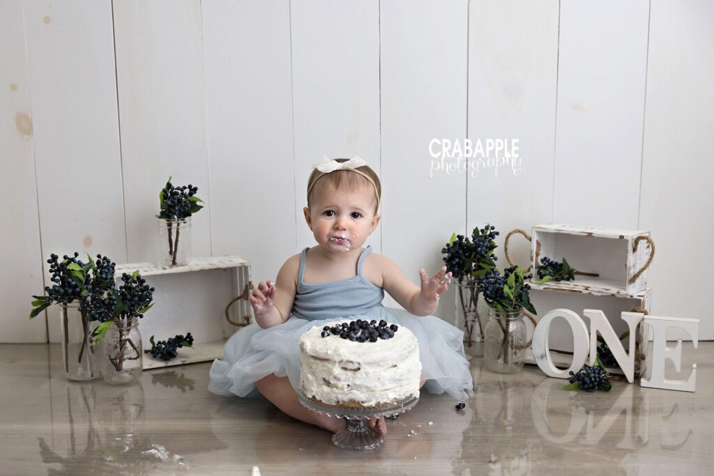 Blueberry cake smash baby pictures details Baby pictures capturing blueberry cake smash first birthday