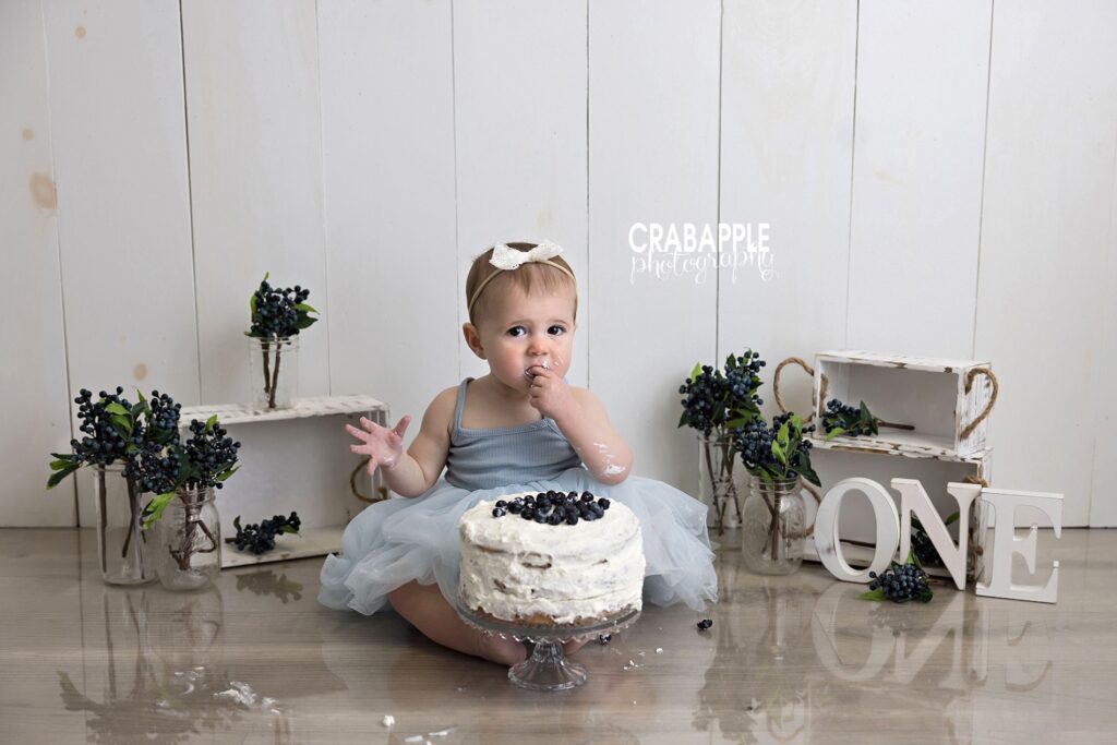 Blueberry cake smash baby pictures Cake smash baby pictures with blueberry themed cake during first birthday session