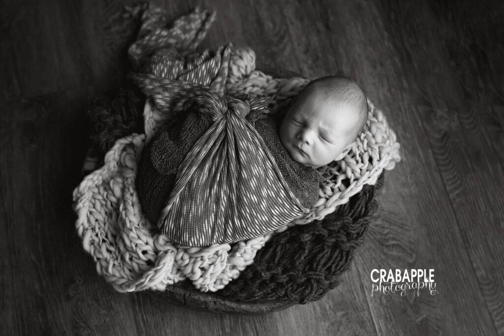 Black and white newborn baby photoshoot Black and white newborn portrait from a connection-focused newborn baby photoshoot