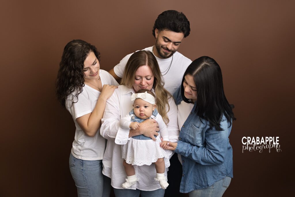Indoor family portrait with baby surrounded by extended family
