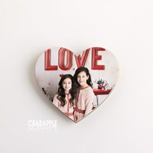 Small heart shaped magnet with custom portrait mounted on wood