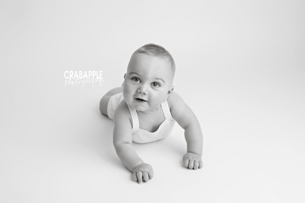 Black and white portrait from a 9 month baby photoshoot
