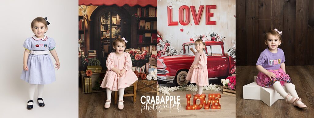 Collage of photos from a 2 year portrait session in Andover MA including birthday and Valentine's Day themed pictures