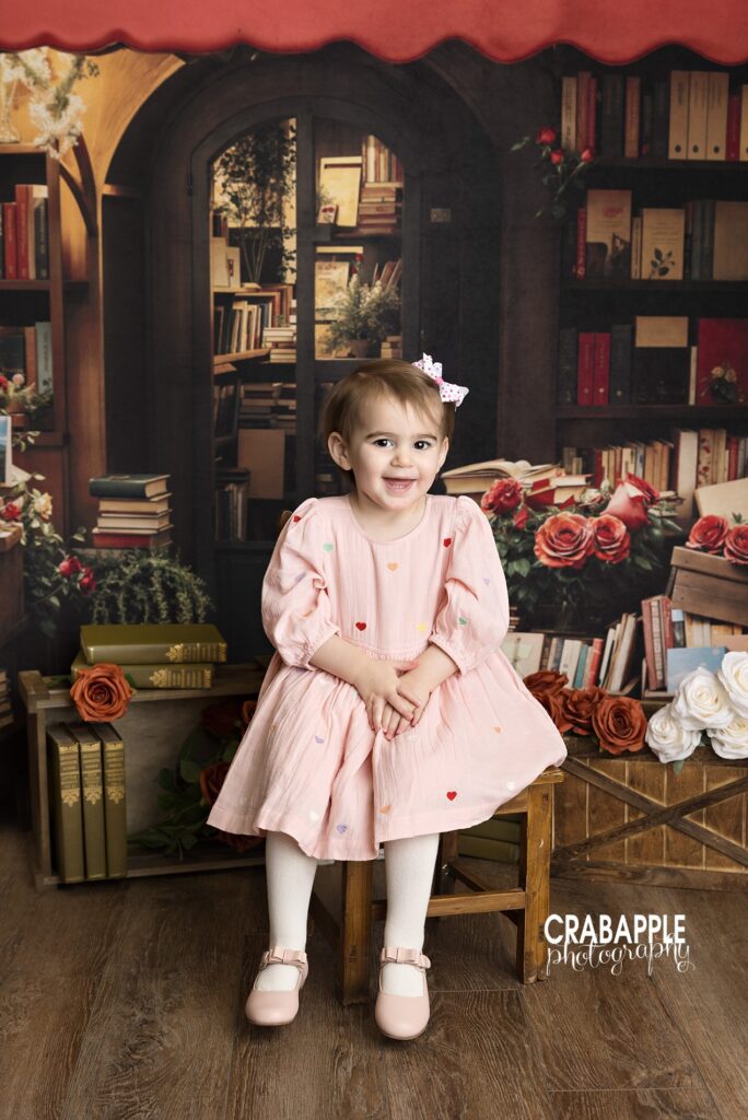 Toddler Valentine photos of a two year old girl in a pink dress at an Andover MA studio

