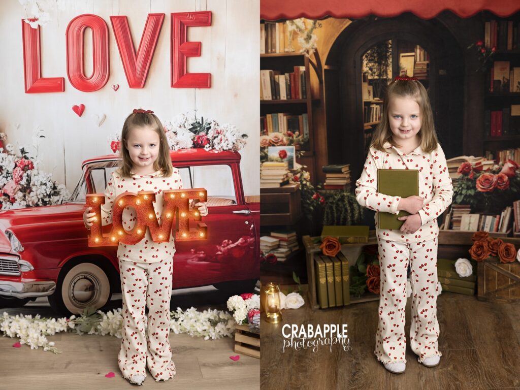 Child wearing heart-patterned outfit during Valentine’s Day photos for children