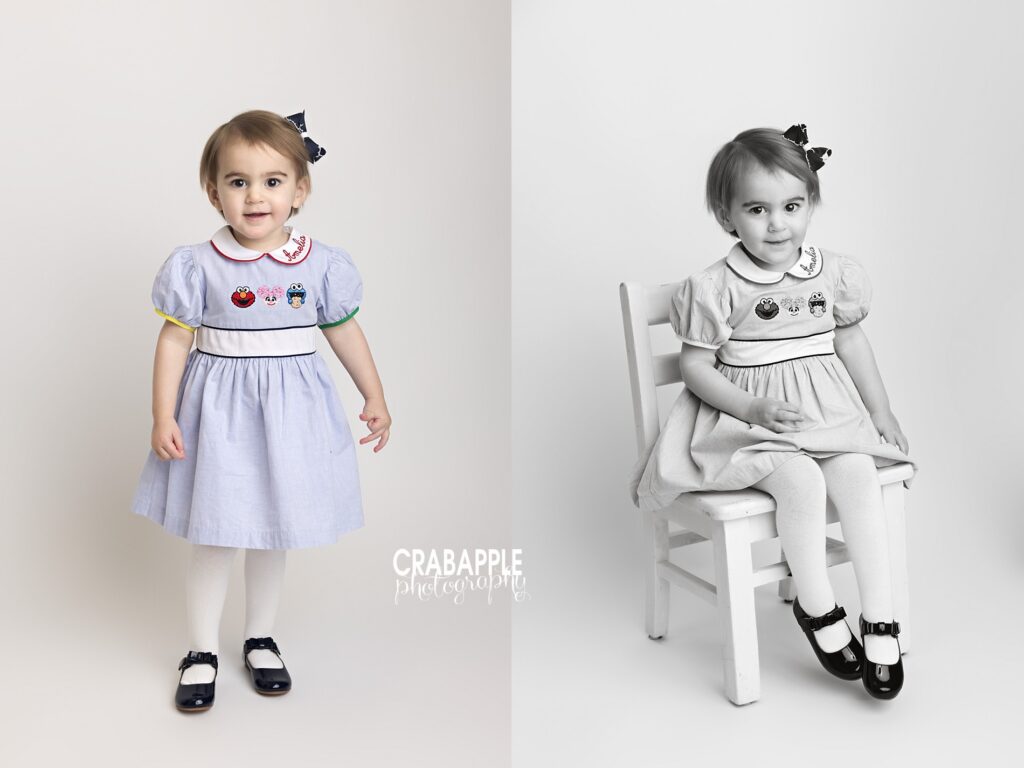 Classic studio portrait of a two year old girl in a Sesame Street outfit
