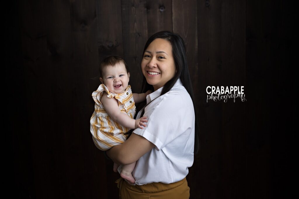 Mother and daughter portrait during 6 month and family photo session near Newton MA