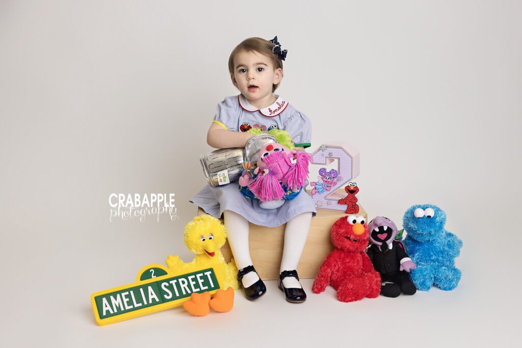 Birthday portrait of a two year old girl wearing a Sesame Street outfit in studio surrounded by stuffed animals

