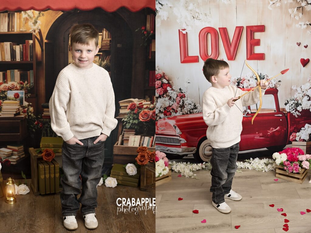 Child standing near Valentine-themed props during Valentine’s Day photos for kids